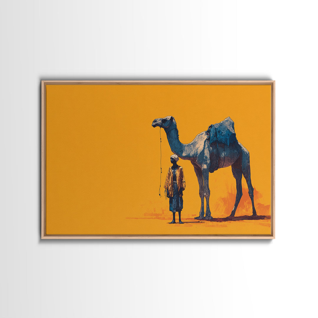 Blue Camel And Tuareg Traveler On Orange, African Wall Art, Minimalist Desert Portrait, Unique Canvas Gift For Him, Home Decor
