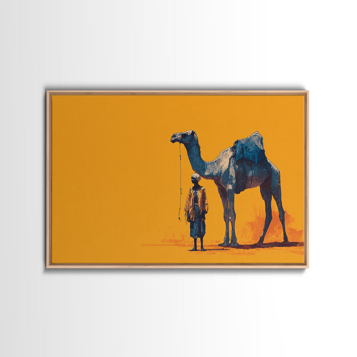 Blue Camel And Tuareg Traveler On Orange, African Wall Art, Minimalist Desert Portrait, Unique Canvas Gift For Him, Home Decor