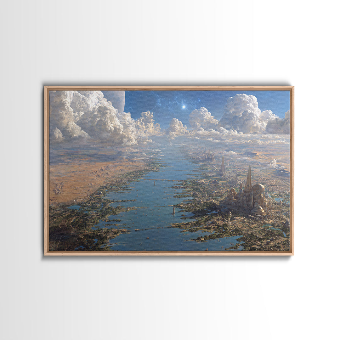 Futuristic Nile River City Canvas Print, African Landscape Sci Fi Wall Decor, Dreamy Blue Desert Skyline Home Decor Art Gift
