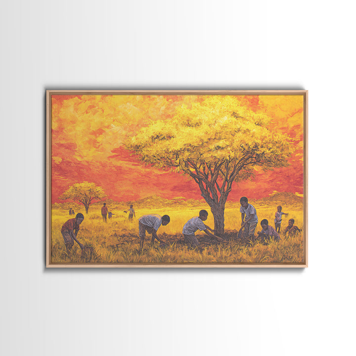 Golden Acacia Tree Planting Wall Art, African Children Landscape, Cultural Safari Decor Canvas For Living Room Home Decor Gift