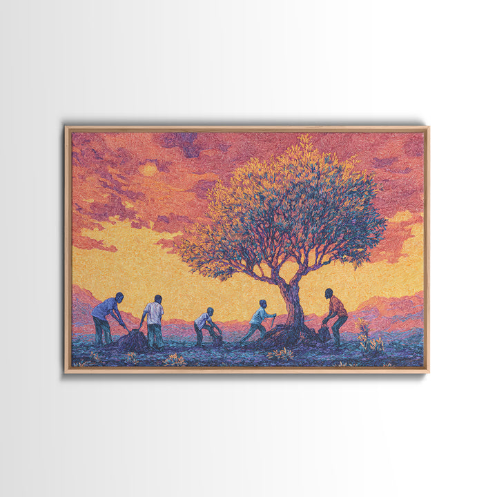 Sunset Acacia Harvest Framed Canvas Print, African Landscape Wall Art, Warm Orange Cultural Safari Decor For Home And Office