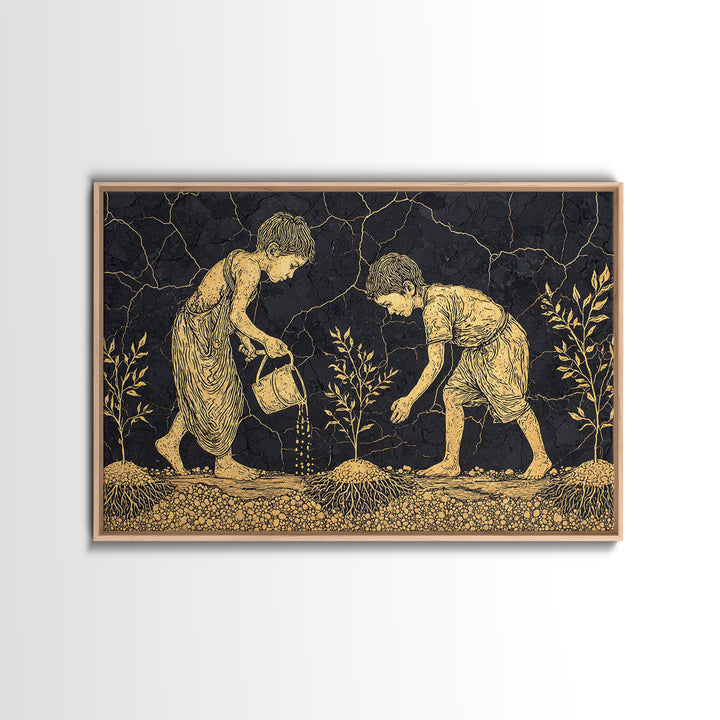 Gold Etched Children Planting Canvas Print, African Culture Art, Black And Gold Farm Scene Wall Decor For Meaningful Gift