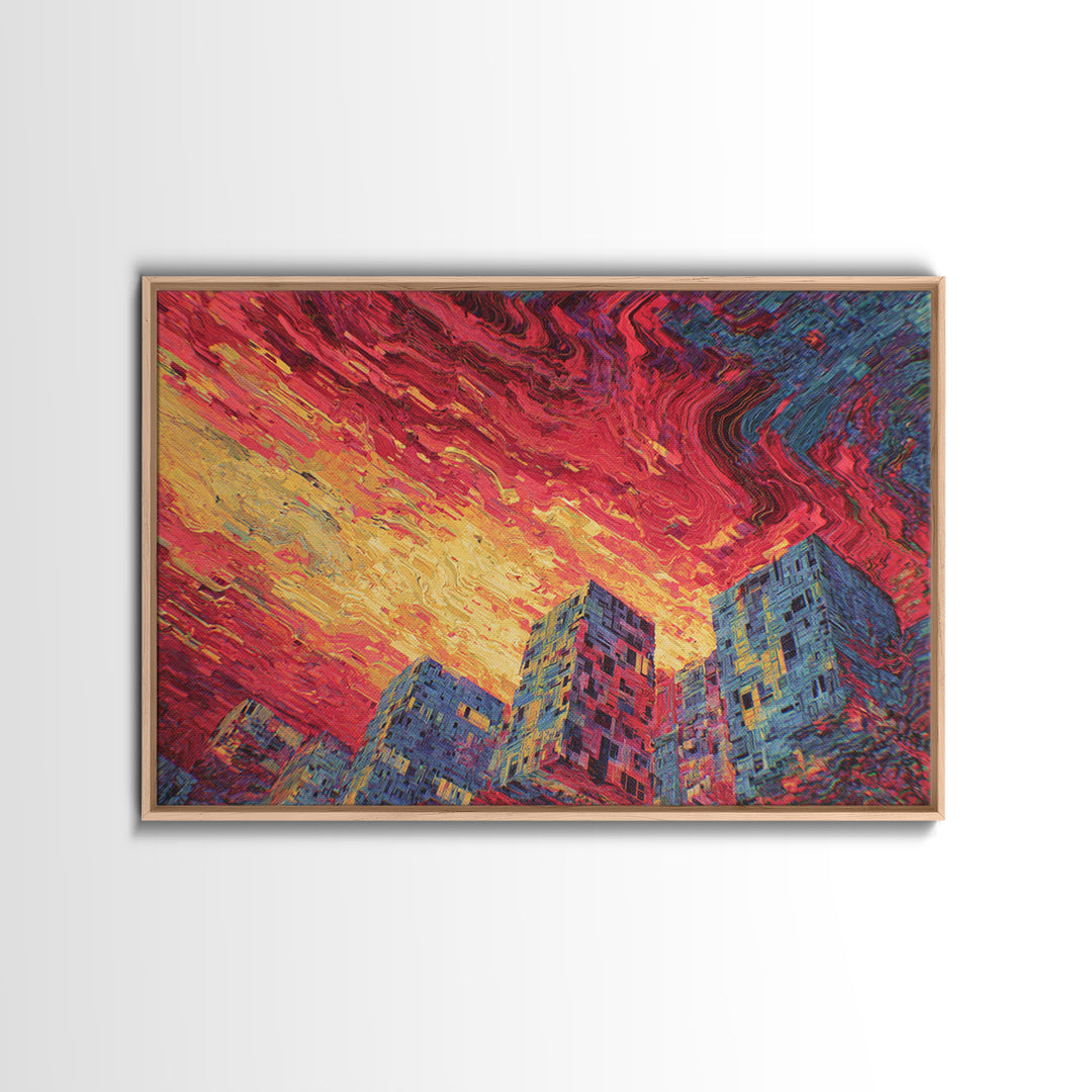 Fiery City Skyline Canvas Print, Modern Urban Wall Art, Bold Red Sunset Architecture Decor For Office Living Room Statement Decor