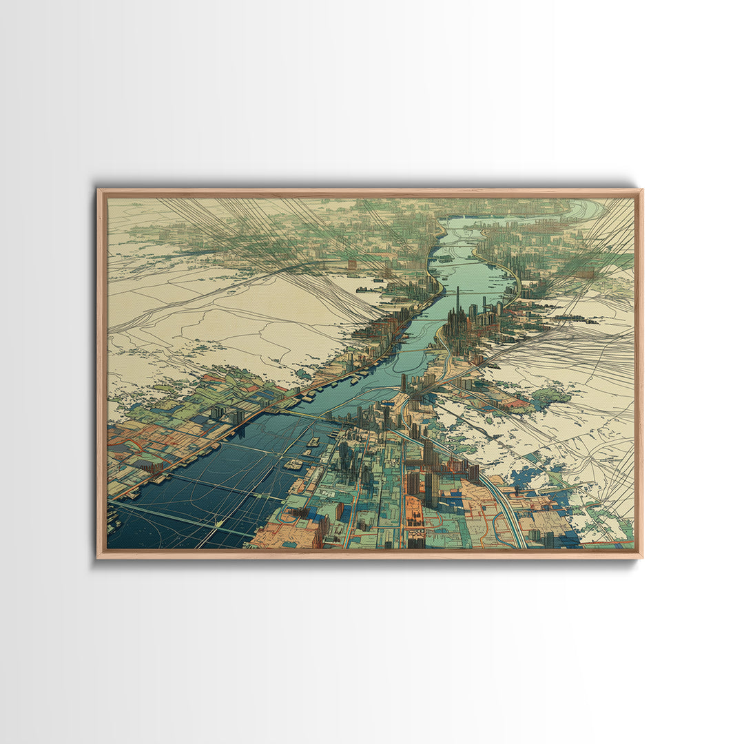 Aerial River City Map Canvas Print, Modern African Travel Inspired Wall Art, Teal Urban Landscape, Statement Office Decor Gift