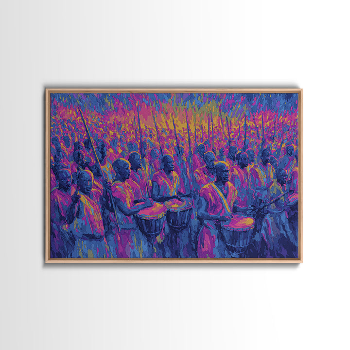 Neon African Drumming Festival Wall Art, Colorful Celebration Painting, Afrocentric Music Decor, Vibrant Living Room Canvas Print