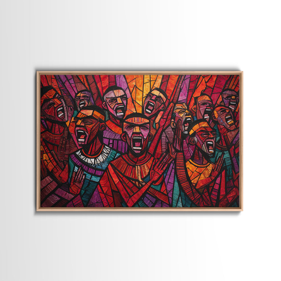 Stained Glass African Choir Wall Art, Bold Red Tribal Celebration Painting, Black Culture Decor, Expressive Canvas Print