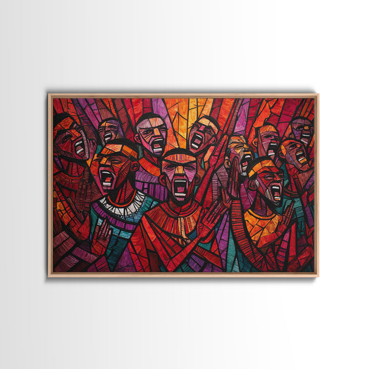 Stained Glass African Choir Wall Art, Bold Red Tribal Celebration Painting, Black Culture Decor, Expressive Canvas Print