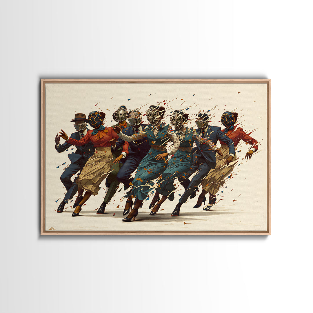 Masked African Jazz Dancers Canvas Print, Afrofuturism Fashion Wall Art, Stylish Black Culture Decor, Unique Home Decor Gift