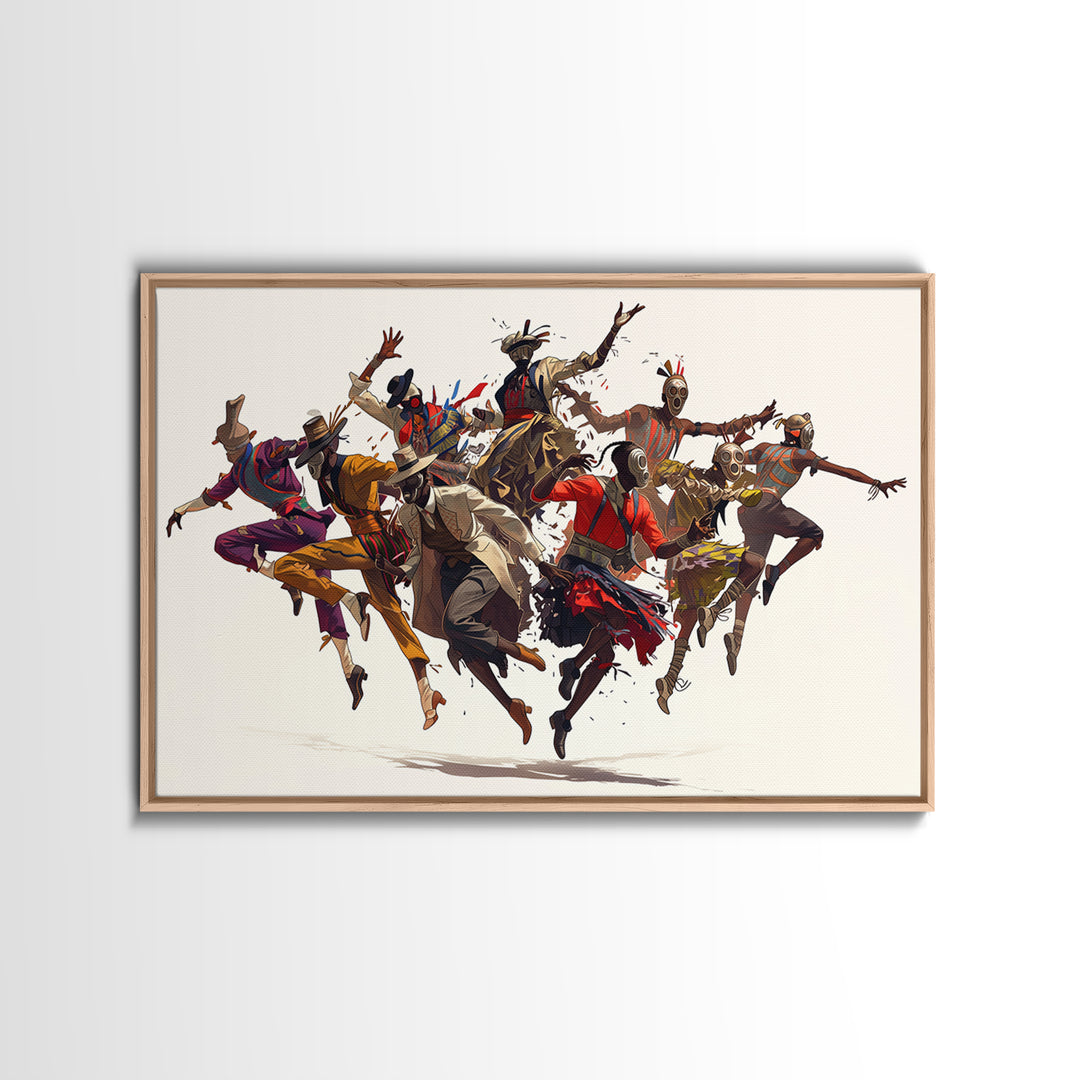 Joyful African Tribal Dancers Wall Art, Dynamic Masquerade Celebration Painting, Afrocentric Decor, Vibrant Canvas Print Gift