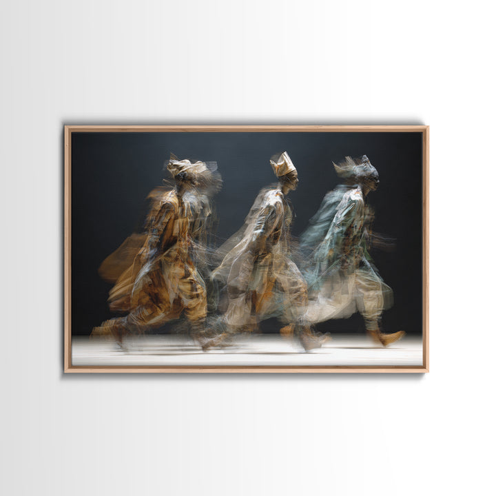 Blurred African Spirit Walkers Framed Canvas Print, Modern Afrocentric Wall Art, Ethnic Home Decor, Dreamy Motion Painting
