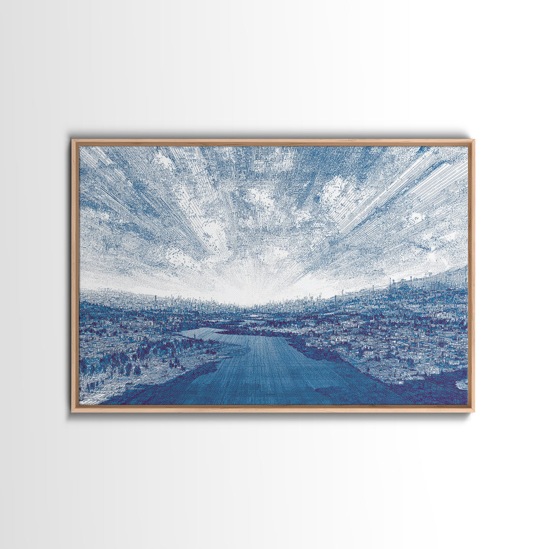 Blue River City Skyline Wall Art, Abstract Landscape Canvas Print, Modern Office Decor, Coastal Urban Artwork In Cool Tones