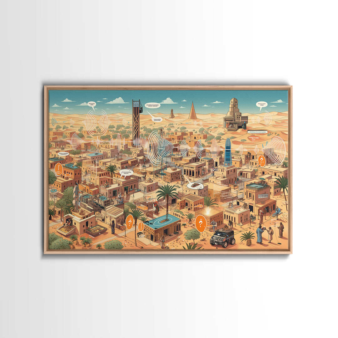 Afrofuturist Desert City With Radio Signals Wall Art, African Landscape, Modern Canvas Art, Tech Inspired Office Decor Print