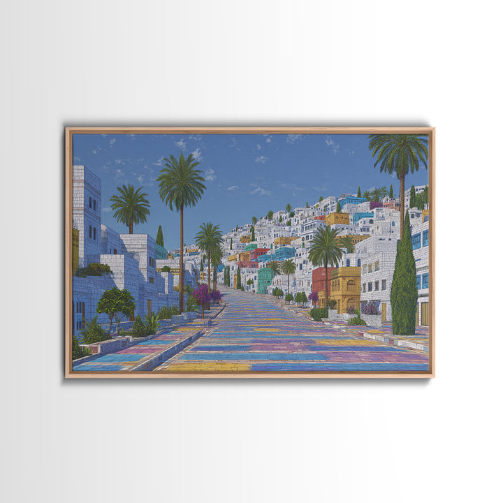 Sunny White Hillside Street With Rainbow Steps Canvas Print, Morocco Africa Travel Poster, Blue Palm Tree Wall Decor Art