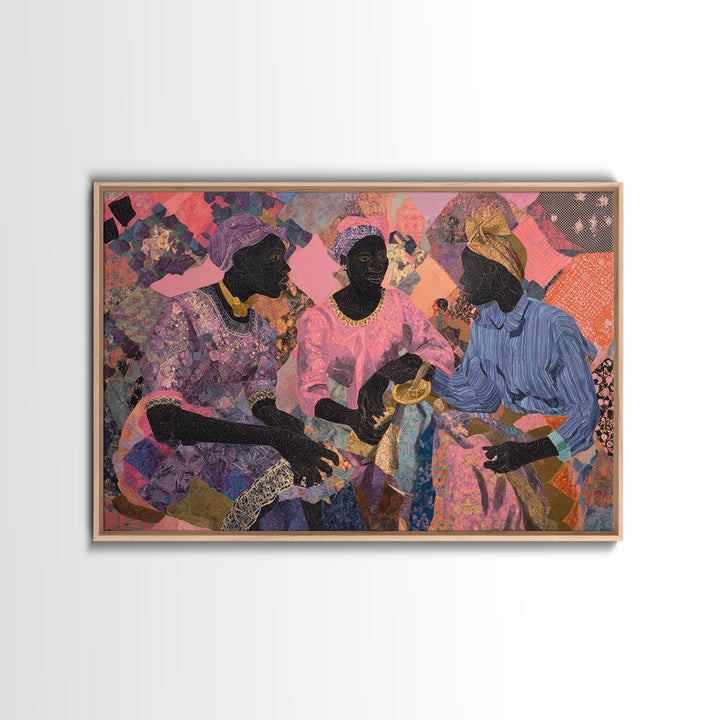 Three African Women Sharing Tea Framed Canvas Print, Textile Art, African Fabric, Black Women Art, Cultural Home Decor Gift