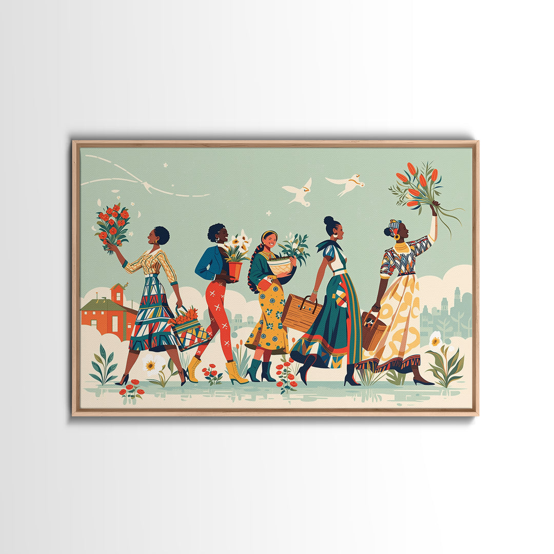 Joyful African Women Carrying Flowers Wall Art, Feminine Wall Decor, Ankara Inspired Print, Black Girl Magic Home Decor Gift