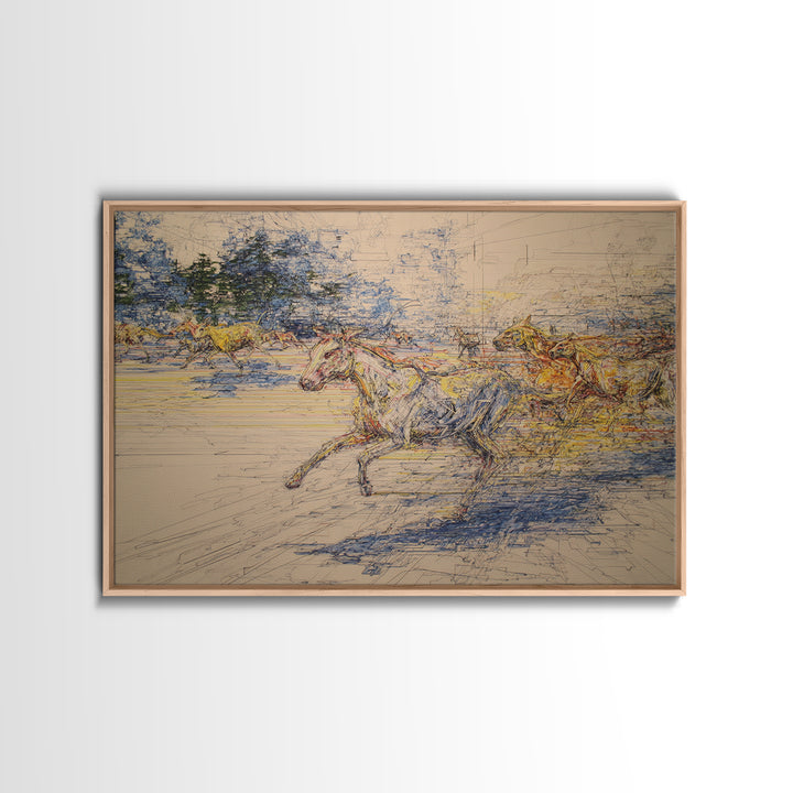 Galloping Horses In Dynamic Sketch Canvas Print, Abstract Painting, Statement Modern Wall Decor, Rustic Living Room Art Gift