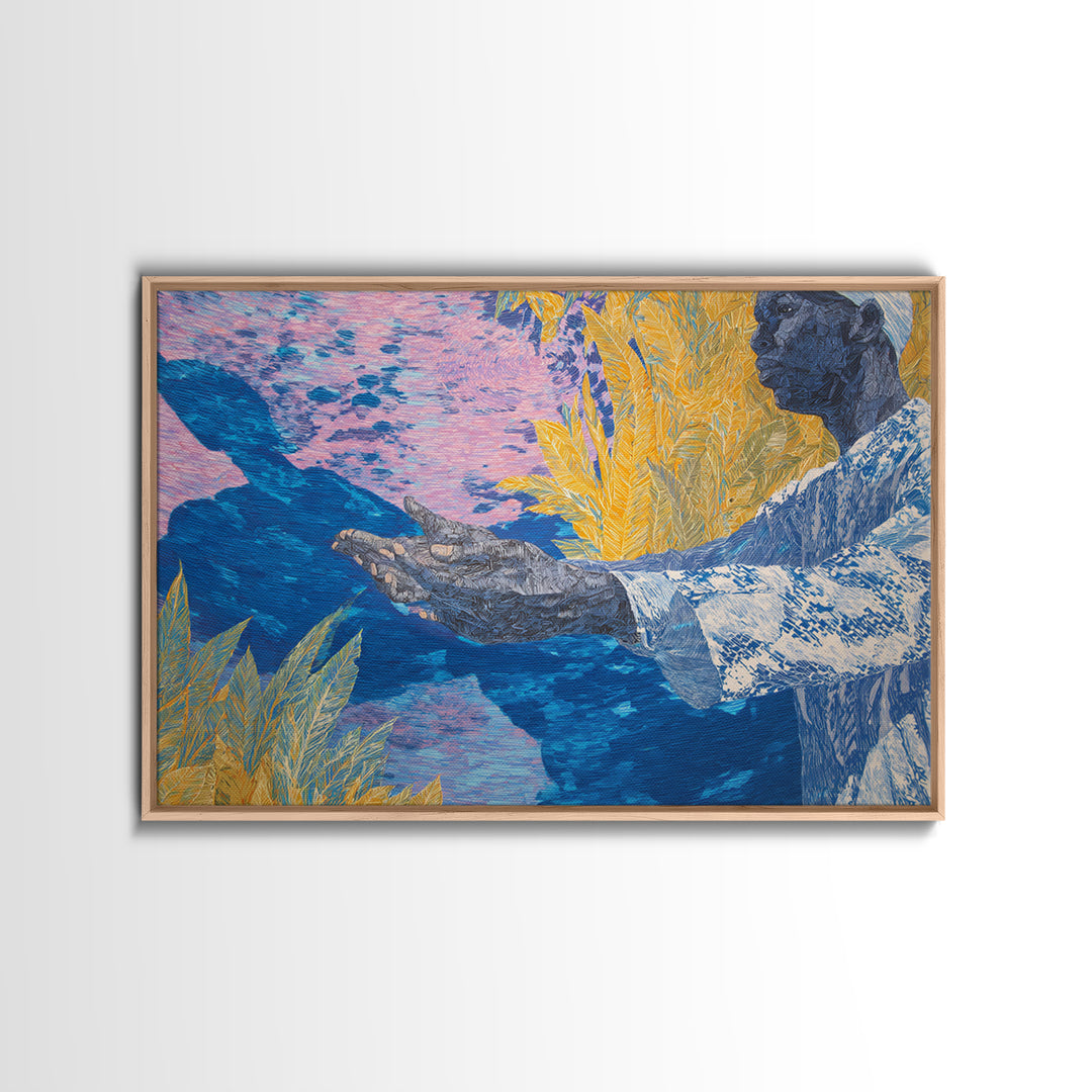 Blue Gold Figure With Open Hands Framed Canvas Print, Black Man Wall Art, Spiritual Wall Decor, African Inspired Home Decor Gift