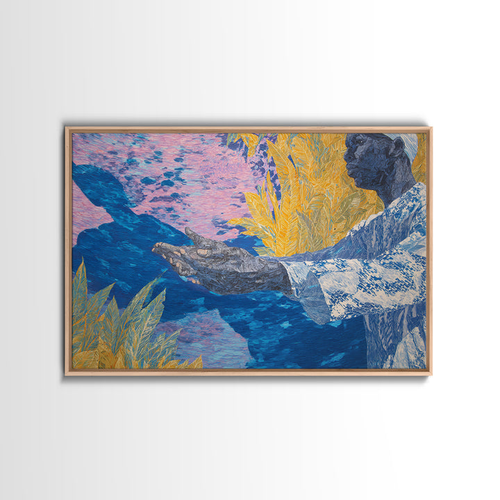 Blue Gold Figure With Open Hands Framed Canvas Print, Black Man Wall Art, Spiritual Wall Decor, African Inspired Home Decor Gift