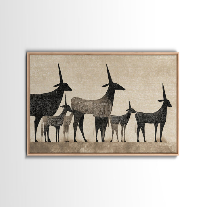 Minimalist Antelope Family Silhouette Canvas Print, African Safari Art, Neutral Tribal Decor, Beige Living Room Wall Decor