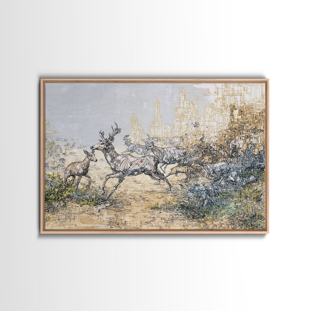 Leaping Antelope Beside Abstract City Skyline Wall Art, African Safari Art Print, Modern Nature Scene, Office Decor Gift