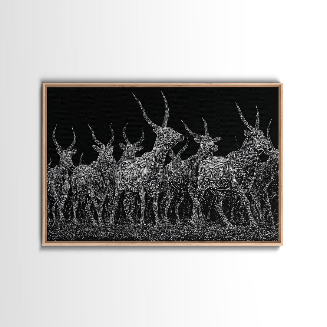 Black And White Ankole Herd At Night Canvas Print, African Animal Art, Minimalist Safari Decor, Bold Statement Wall Art Print