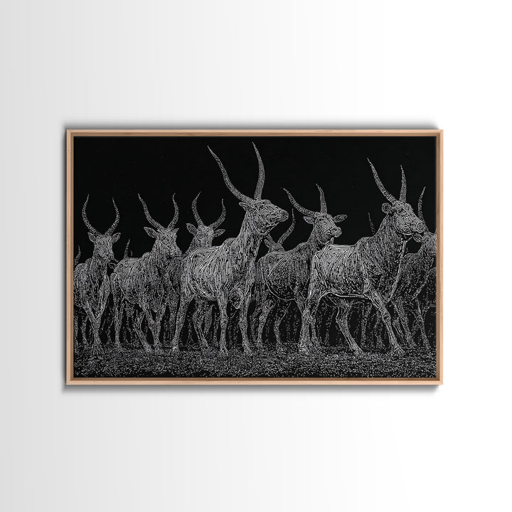 Black And White Ankole Herd At Night Canvas Print, African Animal Art, Minimalist Safari Decor, Bold Statement Wall Art Print