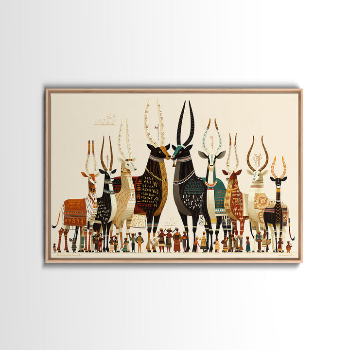 Stylized Sacred Cattle And Villagers Framed Canvas Print, African Egyptian Art, Tribal Culture Decor, Colorful Wall Art Print