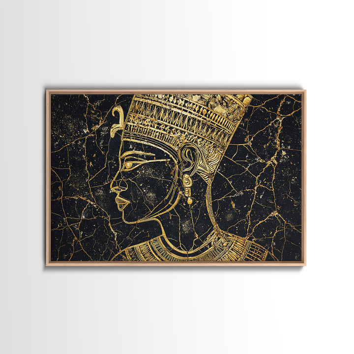 Gold Egyptian Queen Profile On Black Marble Wall Art, African Portrait, Afrocentric Decor, Black And Gold Cultural Home Decor