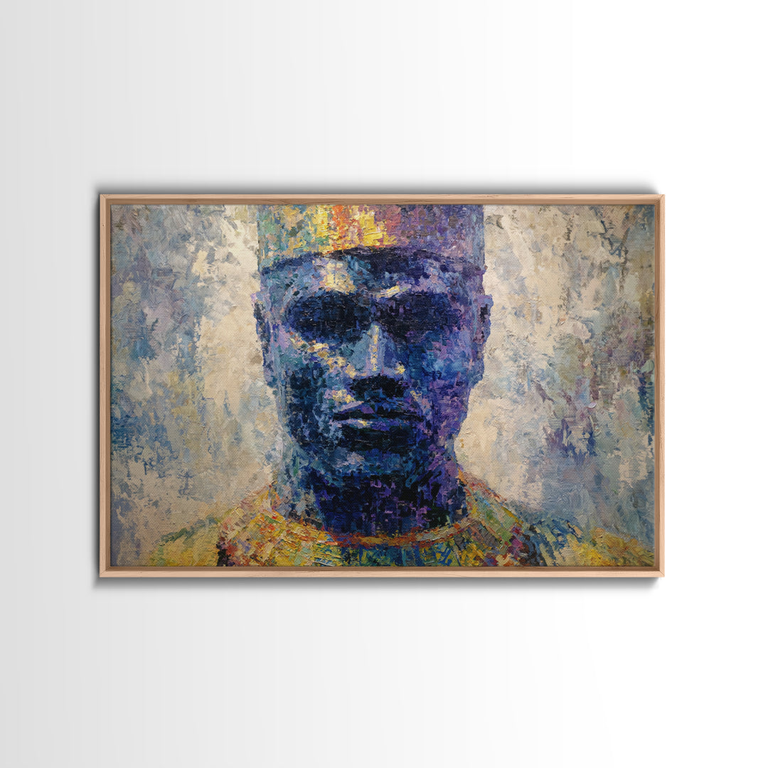 Blue Crowned African Man Portrait Canvas Print, Modern Afrocentric Art, Black Male Wall Decor, Textured Cultural Artwork