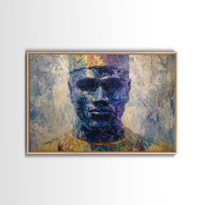 Blue Crowned African Man Portrait Canvas Print, Modern Afrocentric Art, Black Male Wall Decor, Textured Cultural Artwork