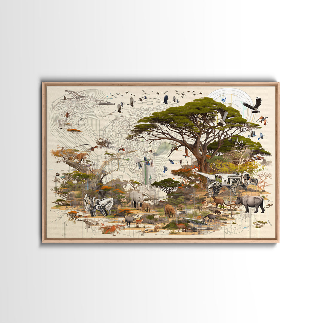 Acacia Safari Wildlife Collage Framed Canvas Print, African Animal Art, Serengeti Wall Decor, Nature Scene Living Room Decor