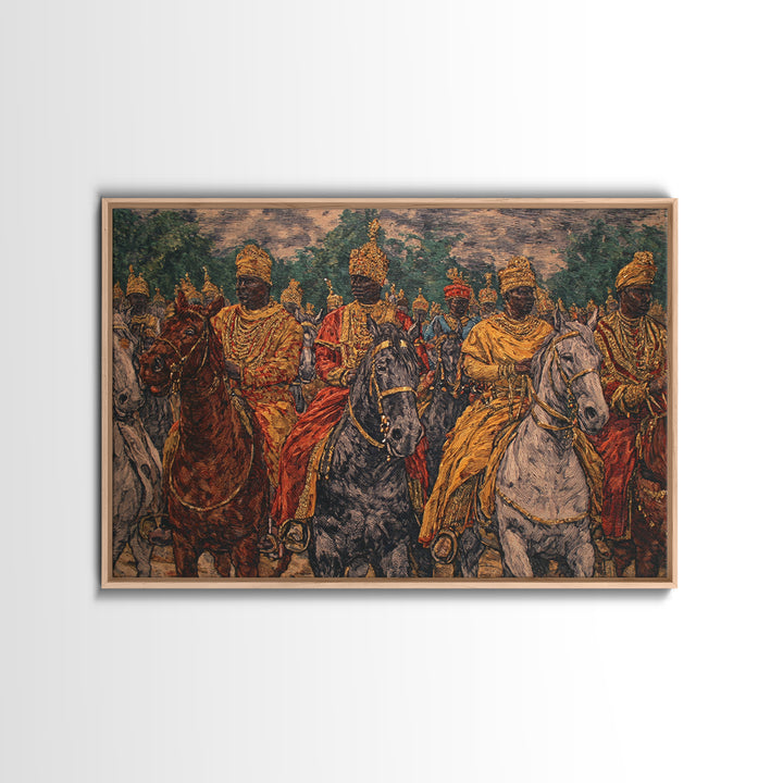 Regal African Horsemen Procession Wall Art, Royal Warrior Riders, Afrocentric Decor, Tribal History, Luxury Canvas Home Decor
