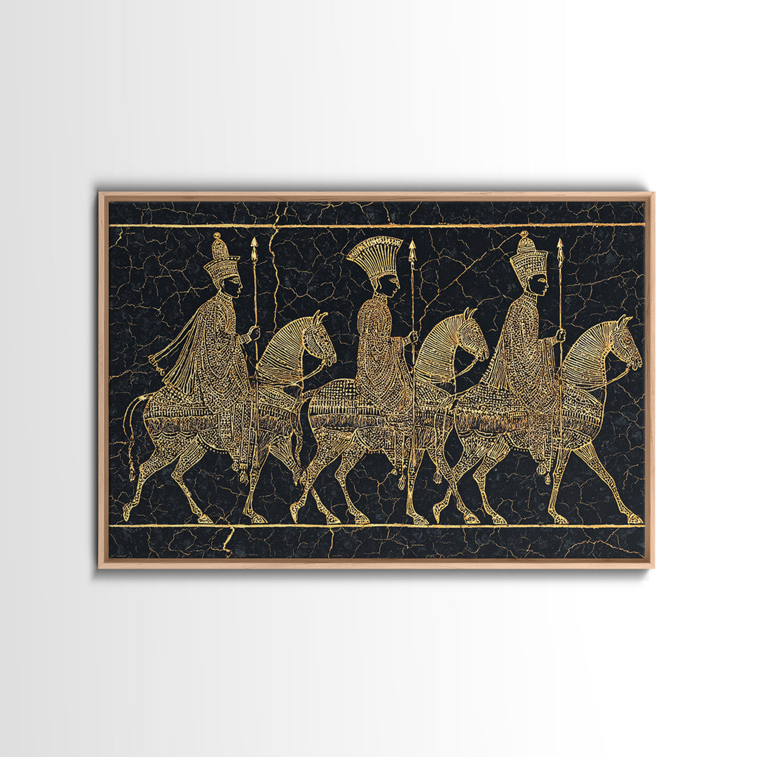 Ancient Gold African Horsemen Canvas Print, Black Tribal Line Art, Warrior Procession, Luxury Afrocentric Wall Decor, Statement Piece