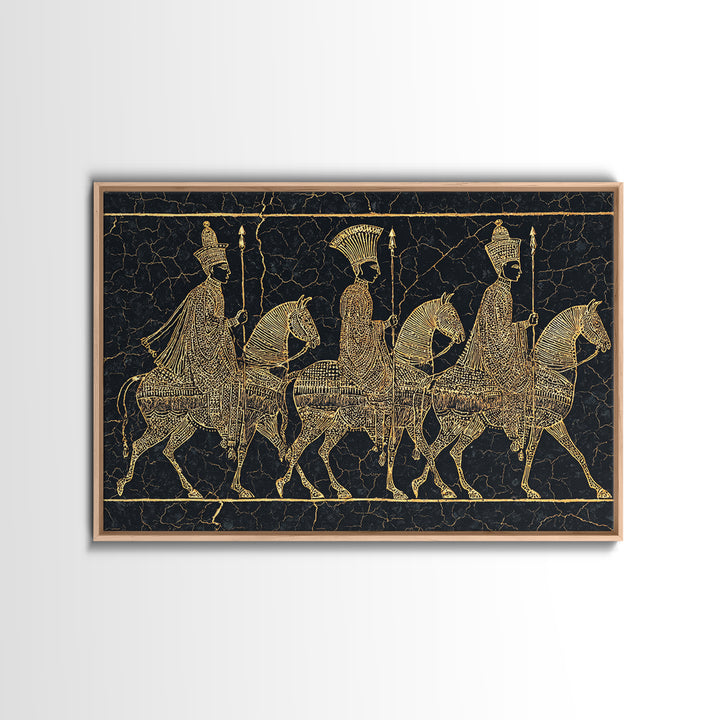 Ancient Gold African Horsemen Canvas Print, Black Tribal Line Art, Warrior Procession, Luxury Afrocentric Wall Decor, Statement Piece