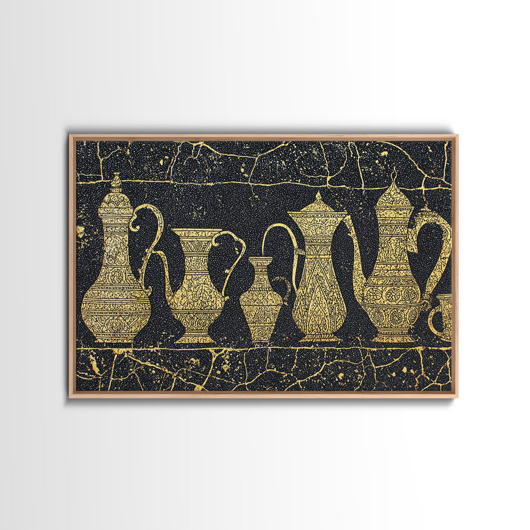 Gold African Coffee Pots Canvas Print, Ornate Black And Gold Design, Ethnic Kitchen Wall Decor, Luxury Cultural Art Gift