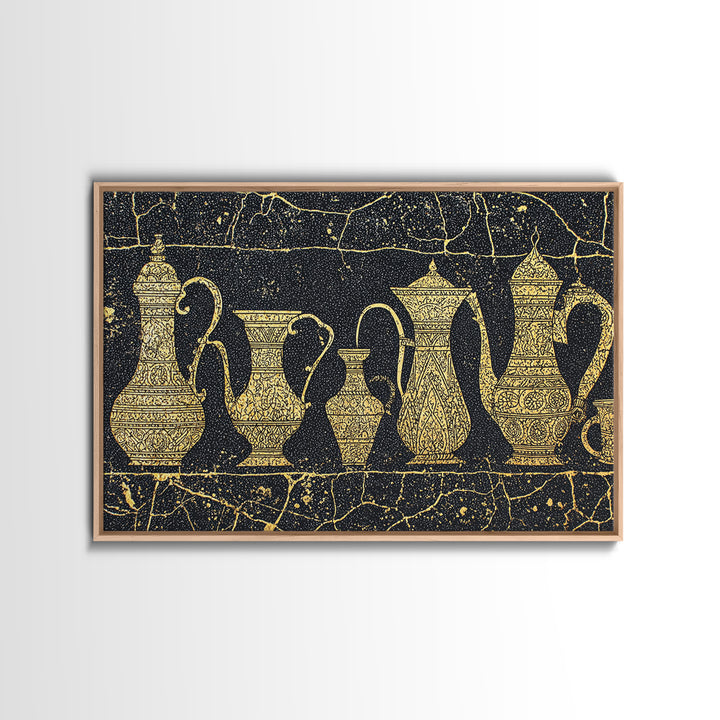 Gold African Coffee Pots Canvas Print, Ornate Black And Gold Design, Ethnic Kitchen Wall Decor, Luxury Cultural Art Gift