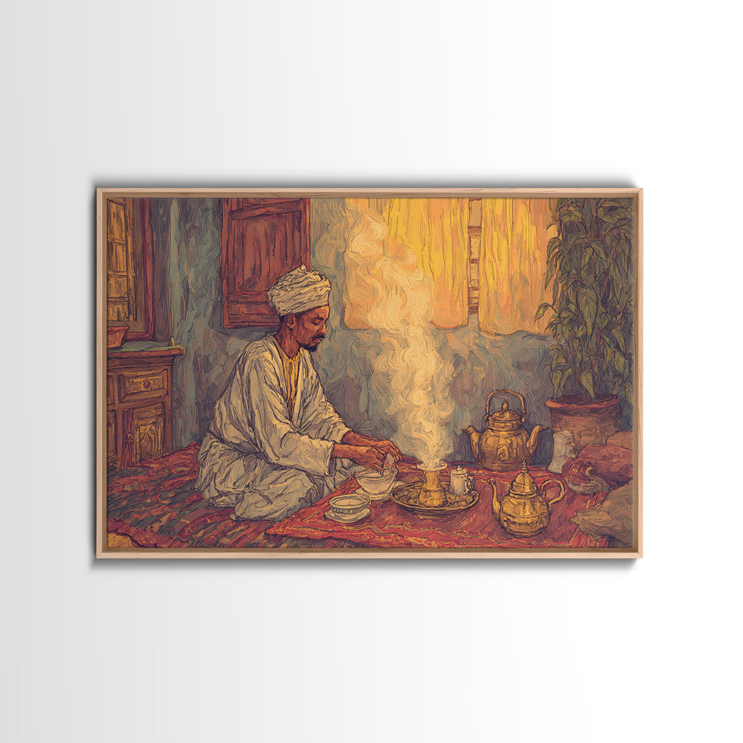 Seated African Tea Ceremony Framed Canvas Print, Spiritual Prayer Room Smoke, Traditional Interior, Afrocentric Wall Decor Gift