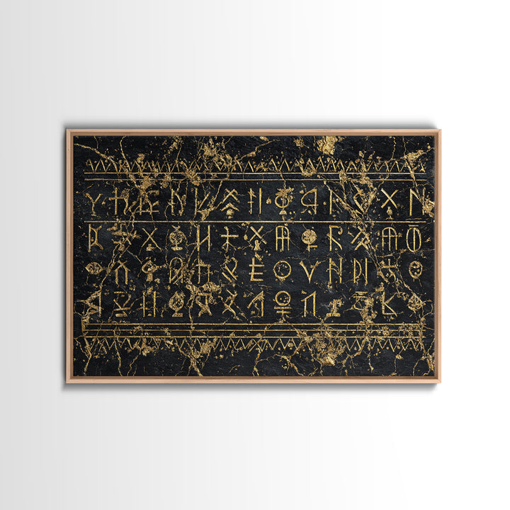 Black Gold Tribal Inscription Canvas Print, Ancient African Art, Textured Wall Decor, Ethnic Cultural Wall Art Gift For Him