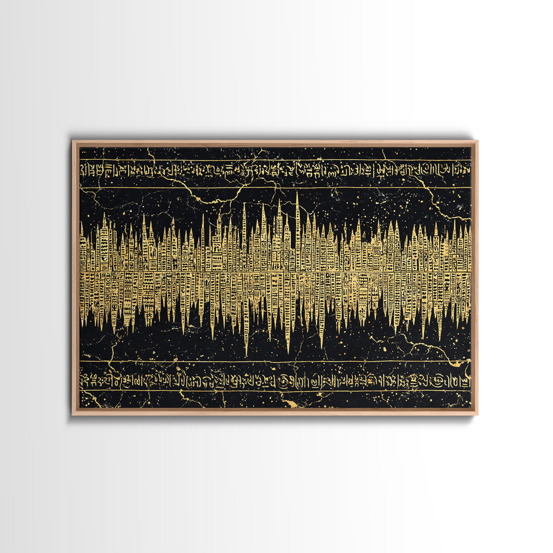 Golden Ancient Soundwave Script Wall Art, Black And Gold African Abstract, Spiritual Office Decor Framed Canvas Print Gift