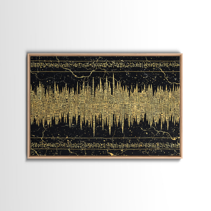 Golden Ancient Soundwave Script Wall Art, Black And Gold African Abstract, Spiritual Office Decor Framed Canvas Print Gift