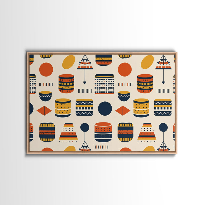 African Drum And Shield Pattern Wall Art, Ankara Inspired Geometric Decor, Tribal Fabric Style Framed Canvas Print Home Decor Gift