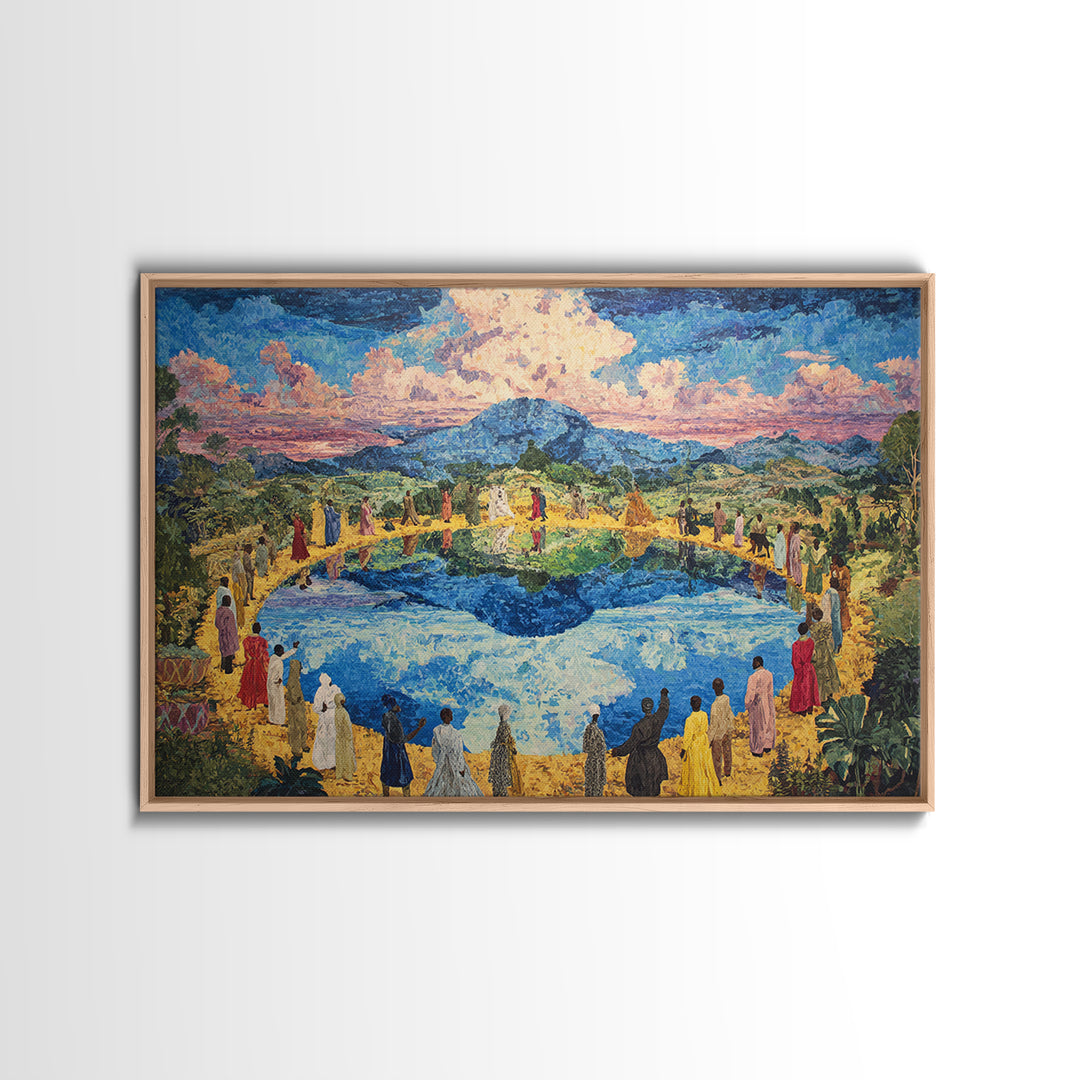 African Village Gathering By Blue Lake Wall Art, Colorful Landscape, Cultural Celebration, Large Living Room Canvas Print