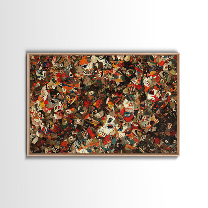 Dense African Tribal Mask Collage Wall Art, Abstract Ethnic Pattern, Afrocentric Decor, Bold Cultural Canvas Print Poster