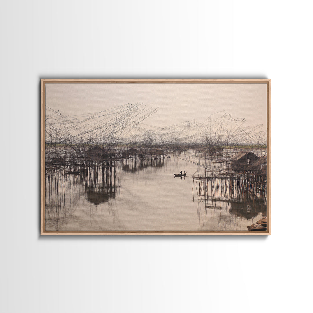 Sepia Stilt Fishing Village On Calm Water Wall Art, African Landscape, Coastal Home Decor, Serene Living Room Canvas Print