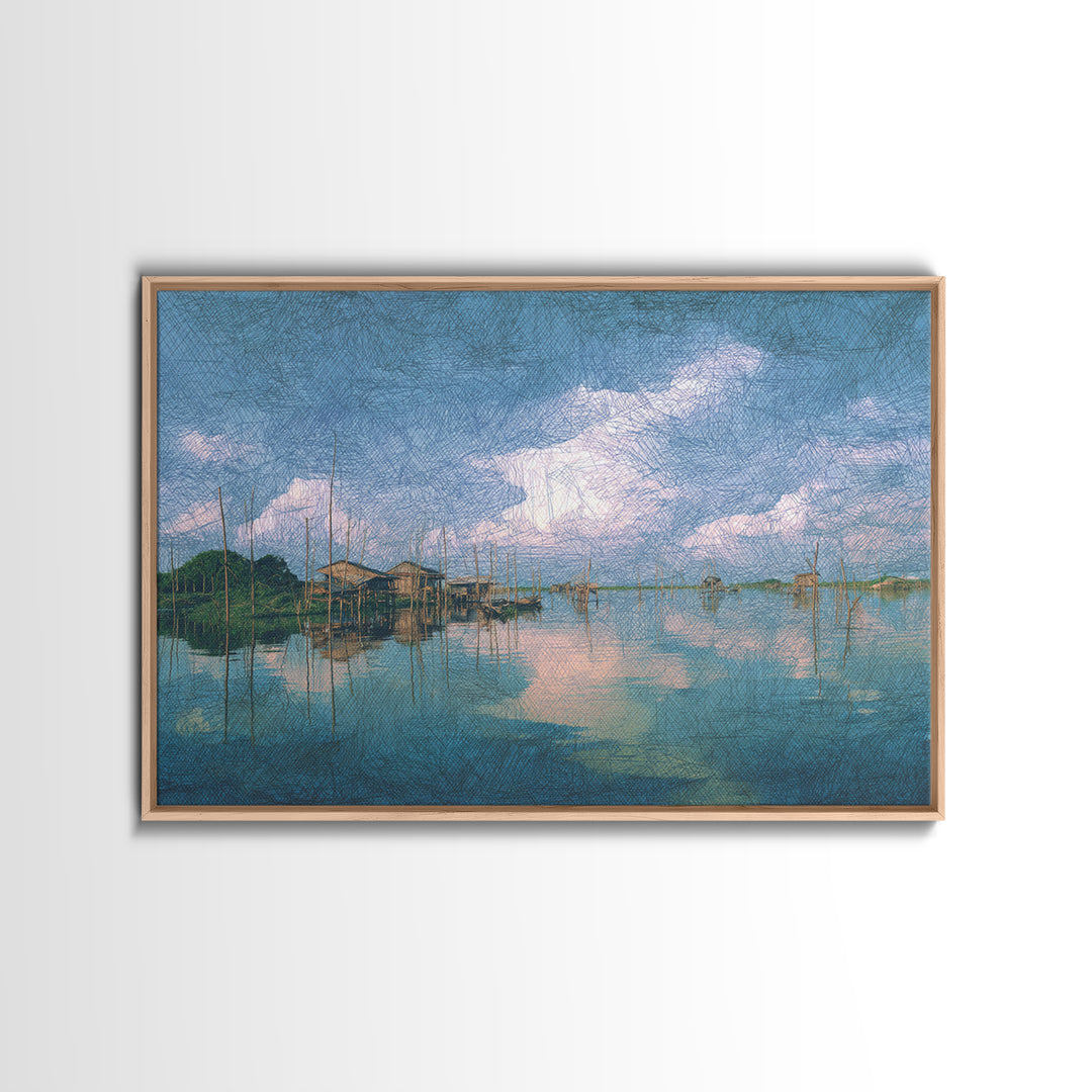 Blue Lagoon Stilt Houses Under Cloudy Sky Canvas Print, African Wall Art, Coastal Decor, Peaceful Lake Home Decor Art Gift