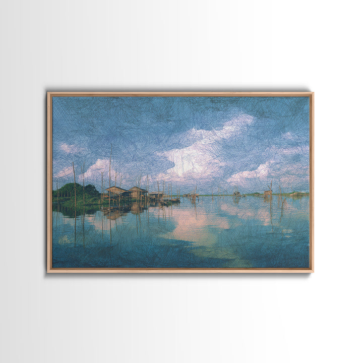 Blue Lagoon Stilt Houses Under Cloudy Sky Canvas Print, African Wall Art, Coastal Decor, Peaceful Lake Home Decor Art Gift