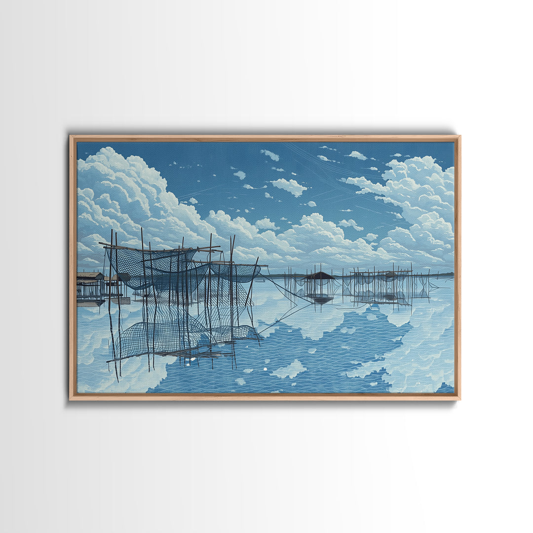 Bright Fishing Nets And Stilt Huts On Blue Lake Wall Art, African Landscape, Coastal Canvas Print, Serene Bedroom Decor Gift