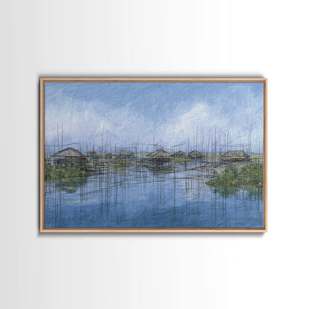 Rainy Wetland Stilt Huts With Blue Reflections Wall Art, African Landscape, Modern Coastal Decor, Peaceful Canvas Print Gift