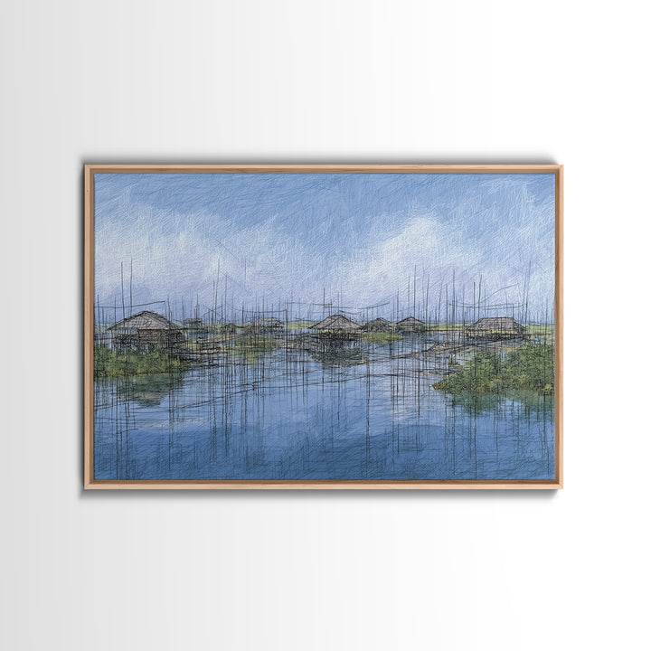 Rainy Wetland Stilt Huts With Blue Reflections Wall Art, African Landscape, Modern Coastal Decor, Peaceful Canvas Print Gift