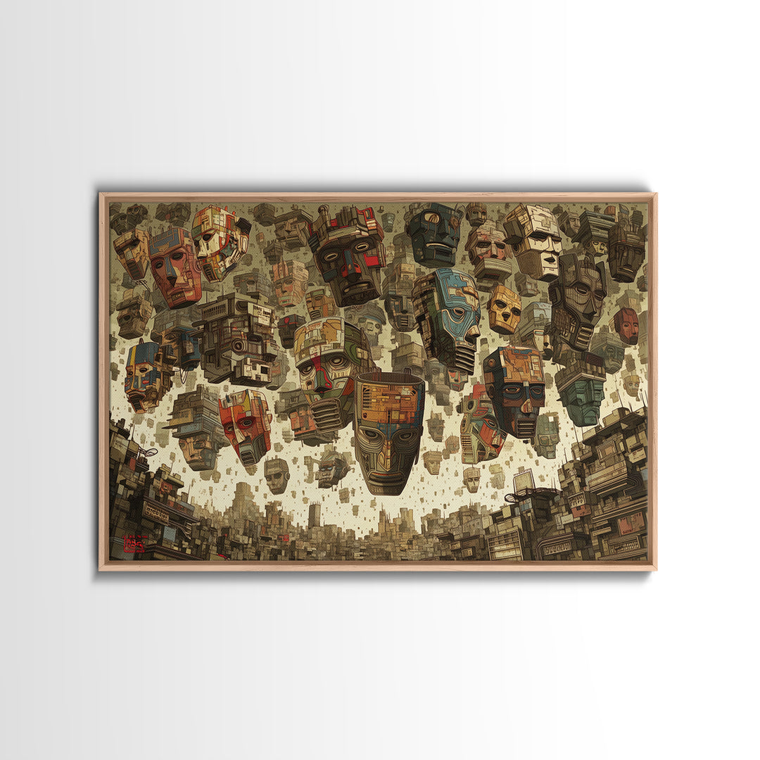 Floating Tribal Masks In Futuristic African City Framed Canvas Print, African Mask Art, Afrocentric Wall Decor, Bold Gift